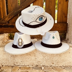 Καπέλο Panama - White evil eye - ζωγραφισμένα στο χέρι, απαραίτητα καλοκαιρινά αξεσουάρ, ψάθινα - 5