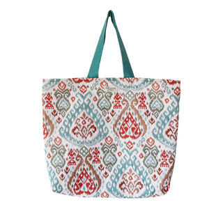 << Summertime Turquoise >> Boho μπεζ μεγάλη υφασμάτινη tote τσάντα με πολύχρωμα ethnic σχέδια! - ώμου, tote, ύφασμα, μεγάλες, all day