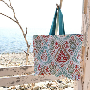«Summertime Turquoise» Boho μπεζ μεγάλη υφασμάτινη tote τσάντα με πολύχρωμα ethnic σχέδια! - ύφασμα, ώμου, μεγάλες, all day, tote - 2