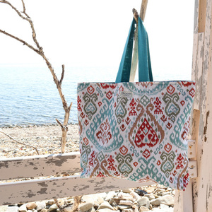 «Summertime Turquoise» Boho μπεζ μεγάλη υφασμάτινη tote τσάντα με πολύχρωμα ethnic σχέδια! - ύφασμα, ώμου, μεγάλες, all day, tote - 2
