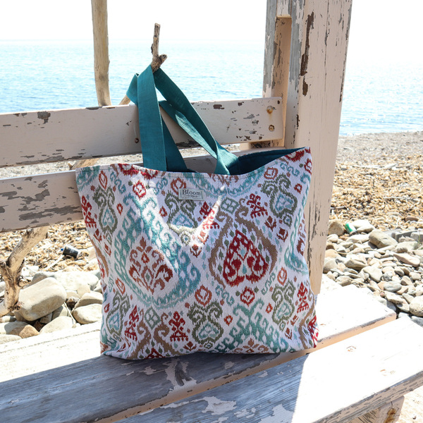 «Summertime Turquoise» Boho μπεζ μεγάλη υφασμάτινη tote τσάντα με πολύχρωμα ethnic σχέδια! - ύφασμα, ώμου, μεγάλες, all day, tote - 4