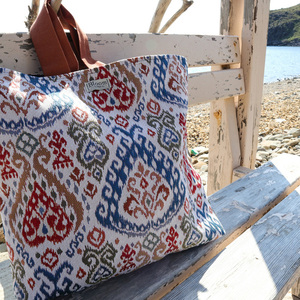 «Summertime Blue» Boho μπεζ μεγάλη υφασμάτινη tote τσάντα με πολύχρωμα ethnic σχέδια! - ύφασμα, ώμου, μεγάλες, all day, tote - 2