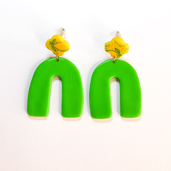 Σκουλαρίκια από πράσινο και κίτρινο πολυμερικό πηλό με λεμόνια - πηλός, boho, κρεμαστά, καρφάκι