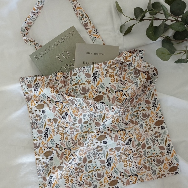 Τσάντα για τα ψώνια-tote bag-λευκή με φυλλαράκια - ύφασμα, ώμου, φλοράλ, tote, πάνινες τσάντες - 2