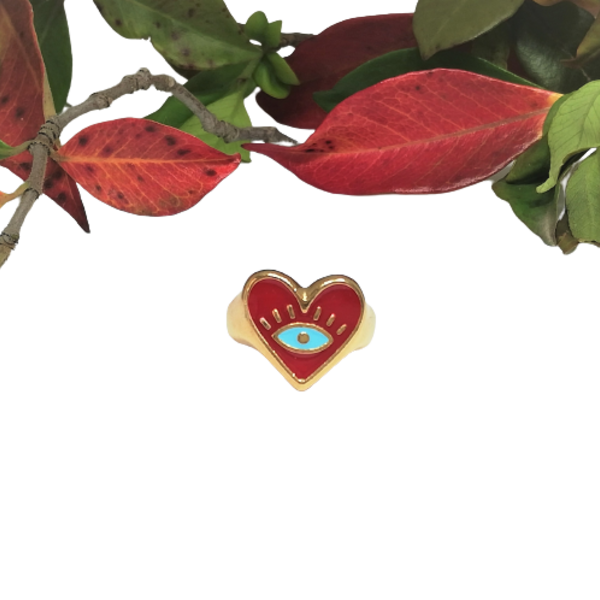 Δαχτυλίδι καρδιά με σμάλτο, evil eye red heart ring - επιχρυσωμένα, ορείχαλκος, καρδιά, γεωμετρικά σχέδια, αυξομειούμενα