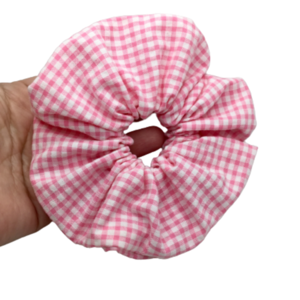 Υφασμάτινο λαστιχάκι scrunchie - pink & white bubblicious - ύφασμα, κορίτσι, καρό, λαστιχάκια μαλλιών - 3