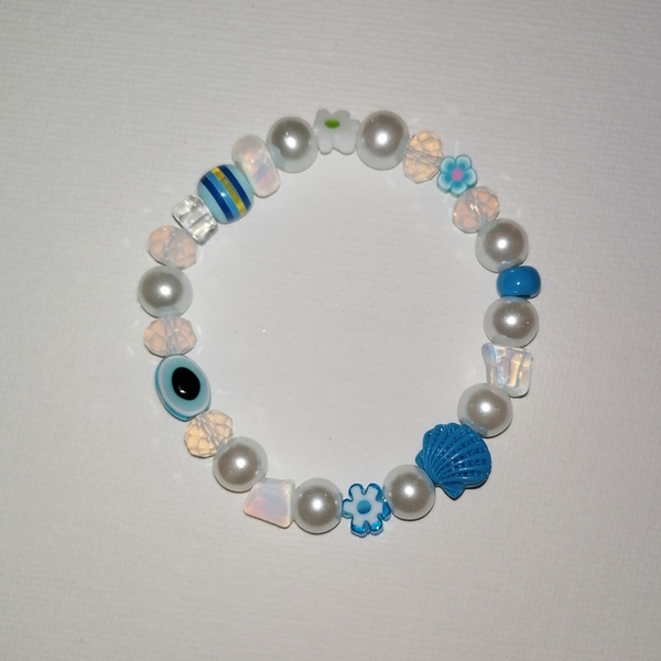 Βραχιόλι "Κύμα" με λευκά και γαλάζια στοιχεία! - ημιπολύτιμες πέτρες, plexi glass, πέρλες, χεριού, αυξομειούμενα - 2