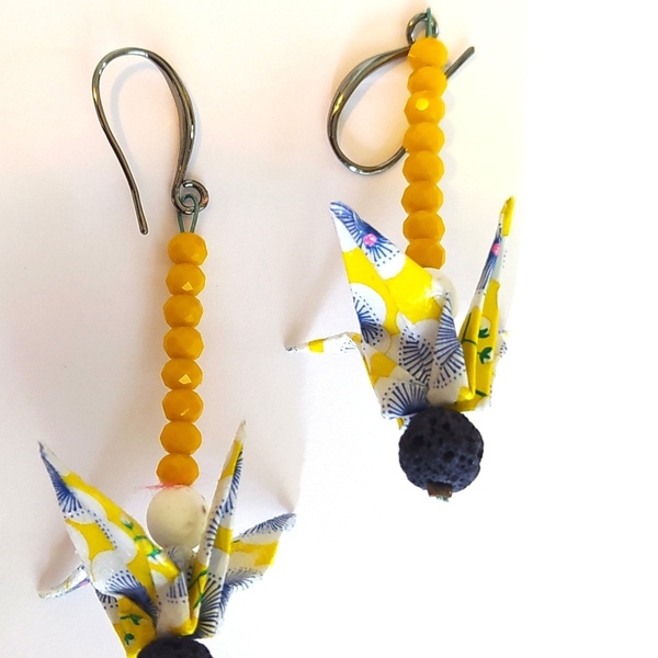 Origami earrings σε κιτρινάκι! - χαρτί, κρεμαστά - 2