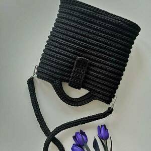 Black Croched Bag - νήμα, μεγάλες, χειρός, tote, πλεκτές τσάντες - 2