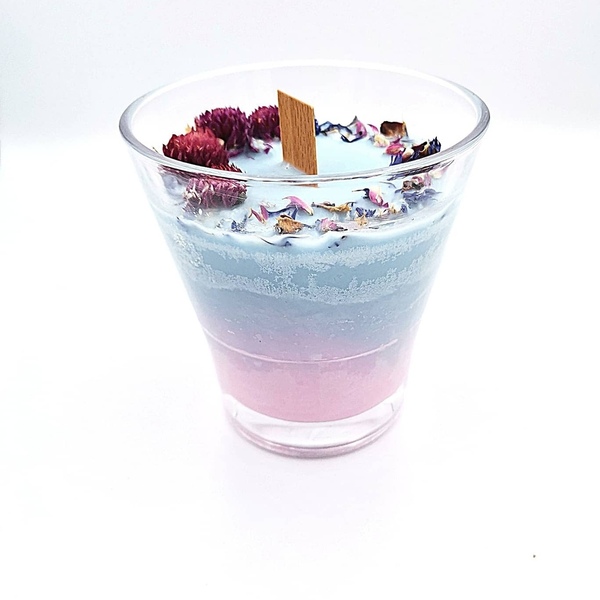 Χειροποίητο κερί σόγιας με αποξηραμένα άνθη σε γυάλινο ποτήρι 340 ml με εφέ ombre σε άρωμα της επιλογής σας - αρωματικά κεριά