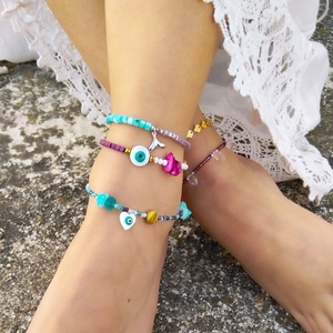 Mermaid anklet με κρύσταλλα κ κοχυλένιες γαλάζιες χάντρες - charms, ψάρι, χάντρες, ατσάλι, ποδιού - 2