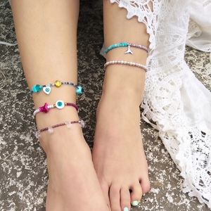 Mermaid anklet με κρύσταλλα κ κοχυλένιες γαλάζιες χάντρες - charms, ψάρι, χάντρες, ατσάλι, ποδιού - 4