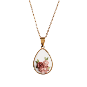 Dusty Pink Rose Pendant | Χειροποίητο ατσάλινο χρυσό μεταγιόν σε σχήμα δάκρυ με λουλούδια από πολυμερικό πηλό (ατσάλι, πηλός) (45εκ. + 5εκ. αυξομειώση) - πηλός, κοντά, λουλούδι, ατσάλι, μενταγιόν