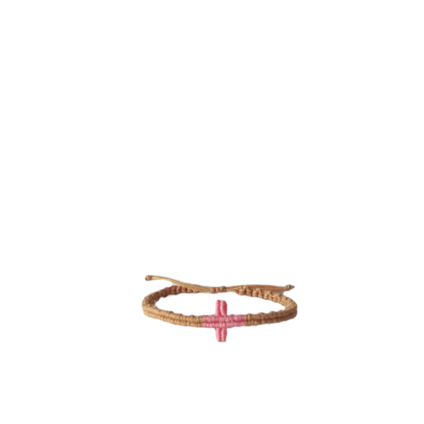 Ροζ Σταυρός Μπεζ Βραχιόλι Γυναικείο Χειροποίητο Ακρυλικό Απλό Μακραμέ Τύπου Κομποσκοίνι Για Μικρό Καρπό - σταυρός, μακραμέ, κορδόνια, χεριού, αυξομειούμενα