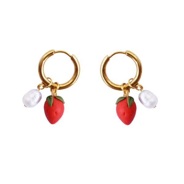 Pearl Strawberry Hoops| Ατσάλινα επιχρυσωμένα κρικάκια με χειροποίητες φράουλες & μαργαριτάρια (πηλός, ατσάλι) (16mm) - πηλός, κρίκοι, μικρά, ατσάλι