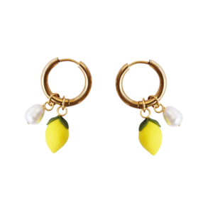 Pearl Lemon Hoops| Ατσάλινα επιχρυσωμένα κρικάκια με χειροποίητα λεμόνια & μαργαριτάρια (πηλός, ατσάλι) (16mm) - πηλός, κρίκοι, μικρά, ατσάλι