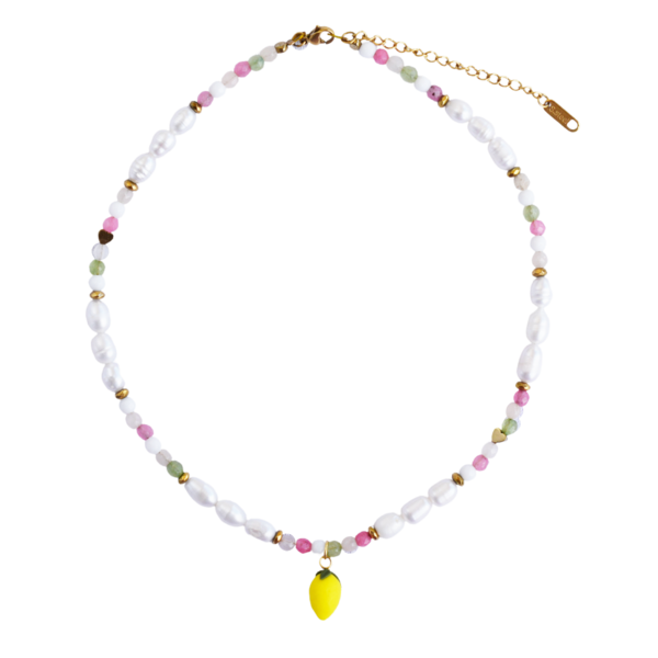 Pearl Lemon Necklace | Ατσάλινo επιχρυσωμένo κολιέ με χειροποίητο λεμόνι, ημιπολύτιμους λίθους & μαργαριτάρια (πηλός, ατσάλι) (40cm + 5cm προέκταση) - μαργαριτάρι, τσόκερ, ατσάλι, πέρλες