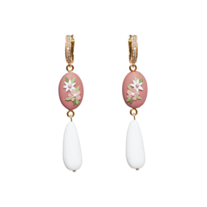 Dusty Rose Floral Earrings | Χειροποίητα ροζ κρεμαστά σκουλαρίκια με λουλούδια (επιχρυσωμένος ορείχαλκος, πηλός) (7cm) - επιχρυσωμένα, πηλός, λουλούδι, κρεμαστά, νυφικά