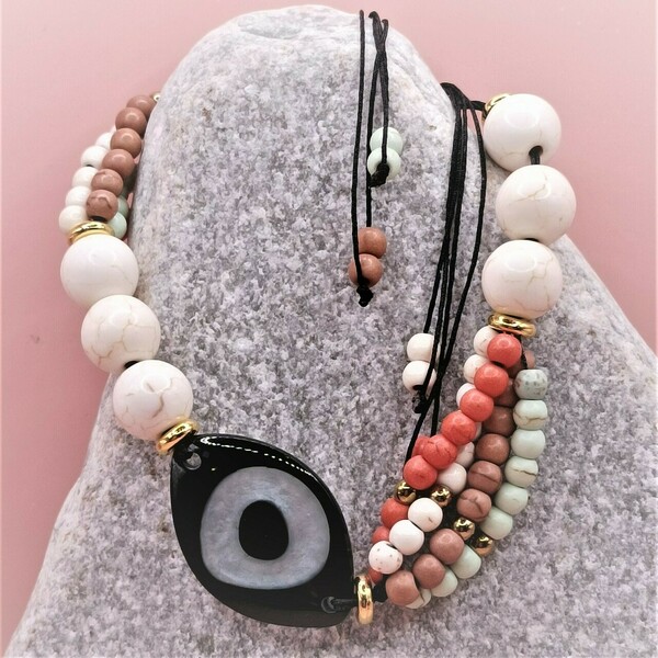 Βραχιόλι με μάτι και χάντρες χαολίτη σε καλοκαιρινά χρώματα. Ρυθμιζόμενο μήκος - ημιπολύτιμες πέτρες, μάτι, χεριού, αυξομειούμενα, δώρα για γυναίκες - 2