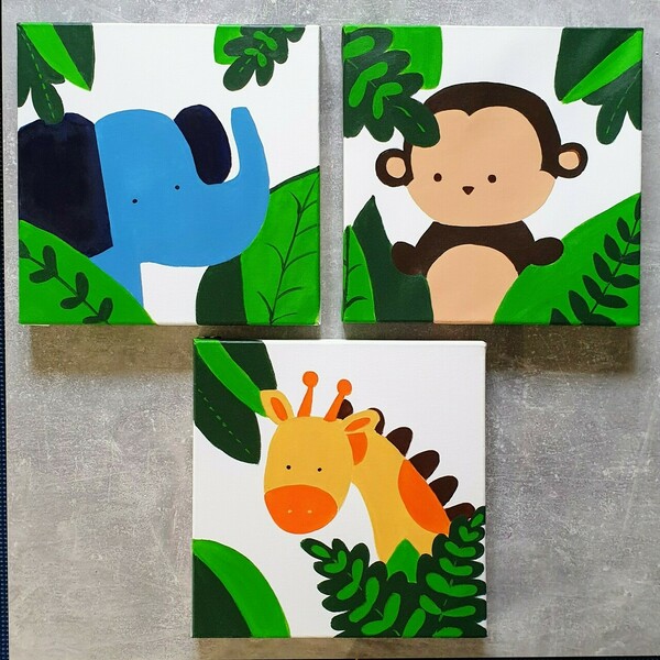 Χειροποίητος πίνακας ζωγραφισμένος με ακρυλικά χρώματα.Ελέφαντας στη ζούγκλα! - αγόρι, δώρα για βάπτιση, ζωάκια, παιδικοί πίνακες - 3