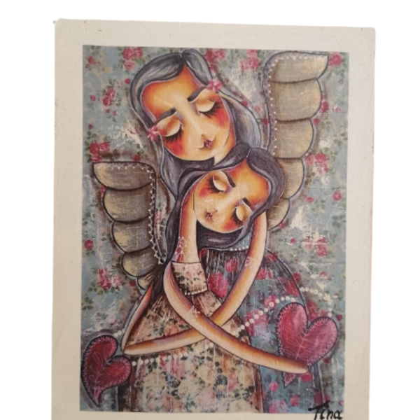 'Μητέρα και κορη' κανδρο κρεμαστο σε ξυλο διάστασης 16Χ21εκ. - πίνακες & κάδρα, πίνακες ζωγραφικής - 2