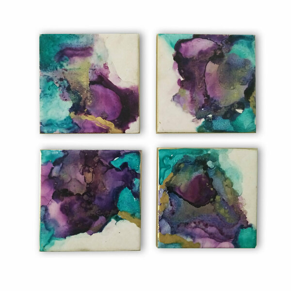Σουβέρ κεραμικά σετ 4 τεμαχίων 10Χ10 εκ. χειροποίητα "ink turquoise - purple" - σουβέρ, τσιμέντο, διακοσμητικά - 2