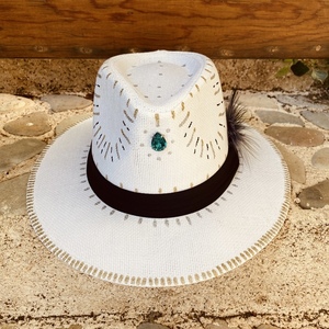 Καπέλο ψάθινο Panama - Turquoise crystal - ζωγραφισμένα στο χέρι, απαραίτητα καλοκαιρινά αξεσουάρ, ψάθινα - 3
