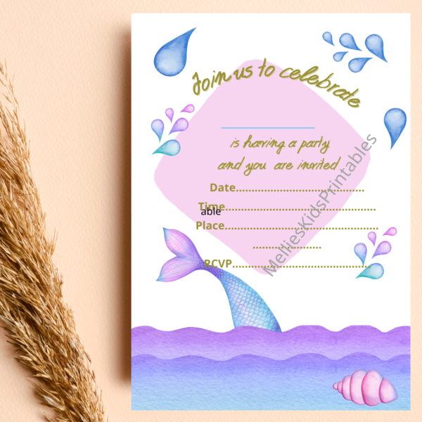 Mermaids party invitation english1, digital product for printing at home, 5*7inches,  2,5*3,5 inches. - κάρτες, προσκλητήρια - 2