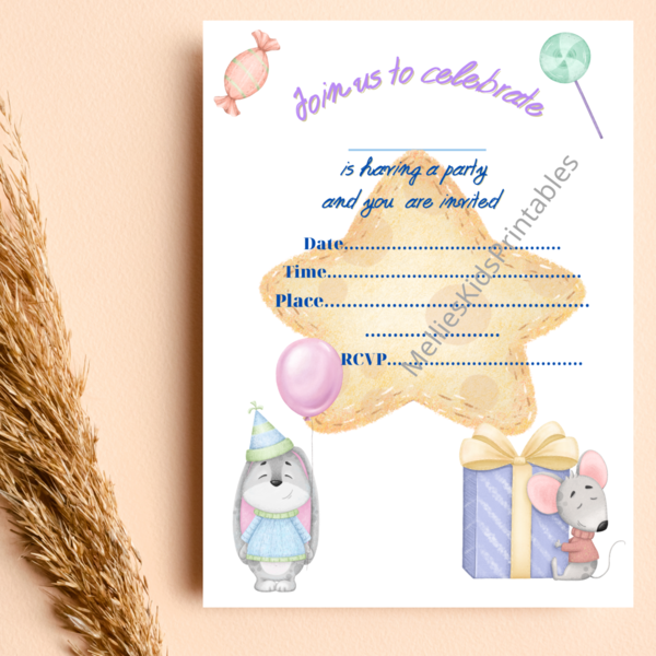 Animals party invitation english blank, digital product for printing at home, 5*7inches,  2,5*3,5 inches. - party, κάρτες, προσκλητήρια - 2