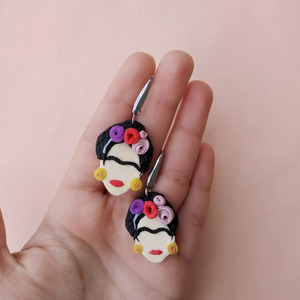 Frida earrings από πολυμερή πηλό - πηλός, ατσάλι, κρεμαστά, μεγάλα, γάντζος - 3