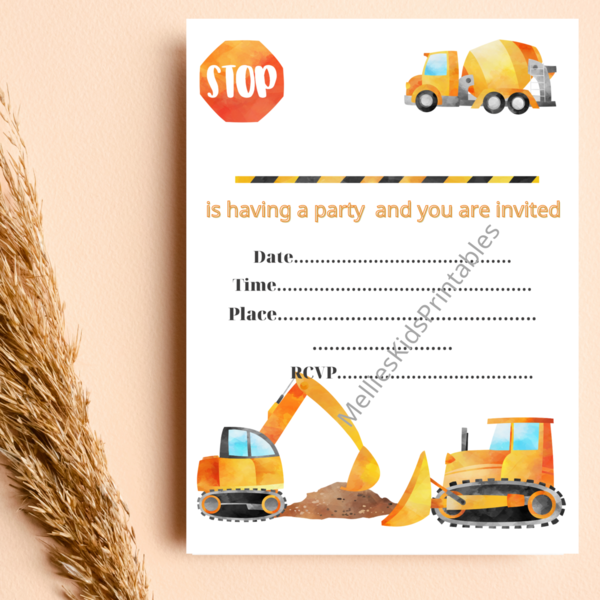 Construction party invitation english, digital product for printing at home, 5*7inches, 2,5*3,5 inches. - party, κάρτες, προσκλητήρια - 2