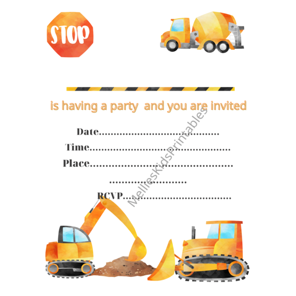 Construction party invitation english, digital product for printing at home, 5*7inches,  2,5*3,5 inches. - party, κάρτες, προσκλητήρια