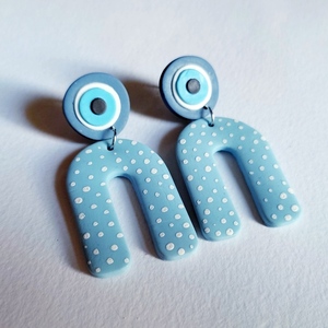 Σκουλαρίκια από πολυμερικό πηλό ματάκι γαλάζιο polka dots - γυναικεία, πηλός, κρεμαστά, ματάκια