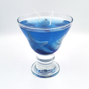 Καλοκαιρινό κερί ζελέ σε μπλε χρώμα με κοχύλια εσωτερικά, σε γυάλινο ποτήρι με άρωμα ocean 300ml - αρωματικά κεριά