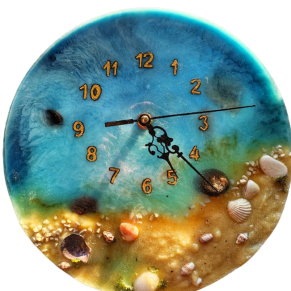 Χειροποίητο ρολόι τοίχου φτιαγμένο από υγρό γυαλί. Για τους λάτρεις της θάλασσας - γυαλί, ρολόι, τοίχου, εποξική ρητίνη