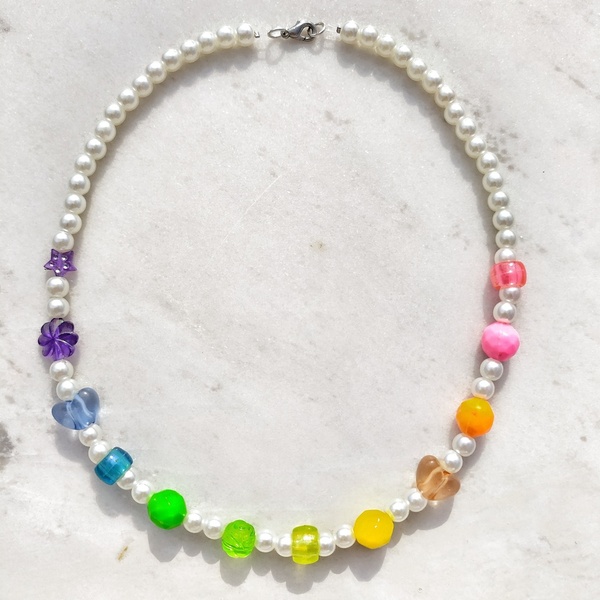 Rainbow Κολιέ με πέρλες και πολύχρωμες χάντρες, statement pride necklace - τσόκερ, χάντρες, κοντά, πέρλες, candy