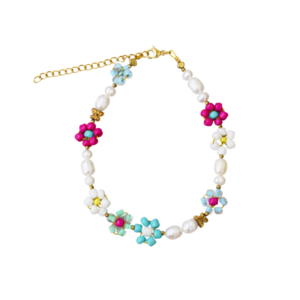 Florals & Pearls Bright Bracelet | Ατσάλινo επιχρυσωμένo βραχιόλι με λουλούδια από πολύχρωμες χάντρες, με ημιπολύτιμους λίθους & μαργαριτάρια (ατσάλι) (22cm + 5cm προέκταση) - ατσάλι, μαργαριτάρι, charms, ποδιού