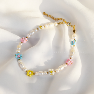 Florals & Pearls Pastel Bracelet | Ατσάλινo επιχρυσωμένo βραχιόλι με λουλούδια από πολύχρωμες χάντρες, με ημιπολύτιμους λίθους & μαργαριτάρια (ατσάλι) (22cm + 5cm προέκταση) - charms, μαργαριτάρι, ατσάλι, ποδιού - 3