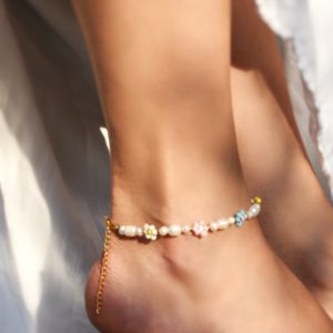Florals & Pearls Pastel Bracelet | Ατσάλινo επιχρυσωμένo βραχιόλι με λουλούδια από πολύχρωμες χάντρες, με ημιπολύτιμους λίθους & μαργαριτάρια (ατσάλι) (22cm + 5cm προέκταση) - charms, μαργαριτάρι, ατσάλι, ποδιού - 2