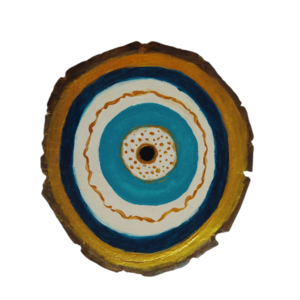 Evileye in blue-ακρυλικό σε φυσικό ξύλο καρυδιάς-διαμετρος 14cm - διακοσμητικά, ξύλο