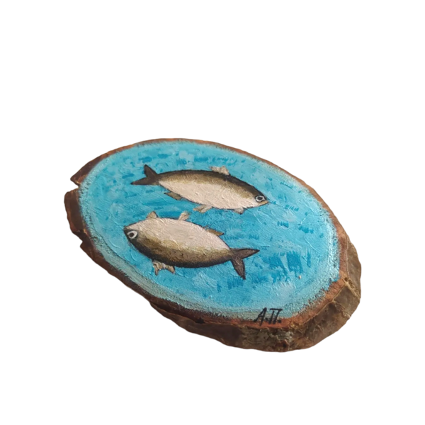 Ψάρια, διακοσμητικό τοίχου κρεμαστό, φυσικό ξύλο καρυδιάς ζωγραφισμένο στο χέρι με ακρυλικά χρώματα 15εκ - πίνακες & κάδρα - 2
