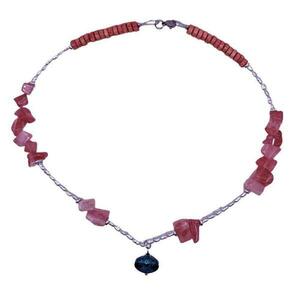 Κολιε χαλαζία cherry red και πέρλες, με γυάλινη αχιβάδα μπλε-45 εκ - layering, κοχύλι, κοντά, ημιπολύτιμες πέτρες, γυαλί