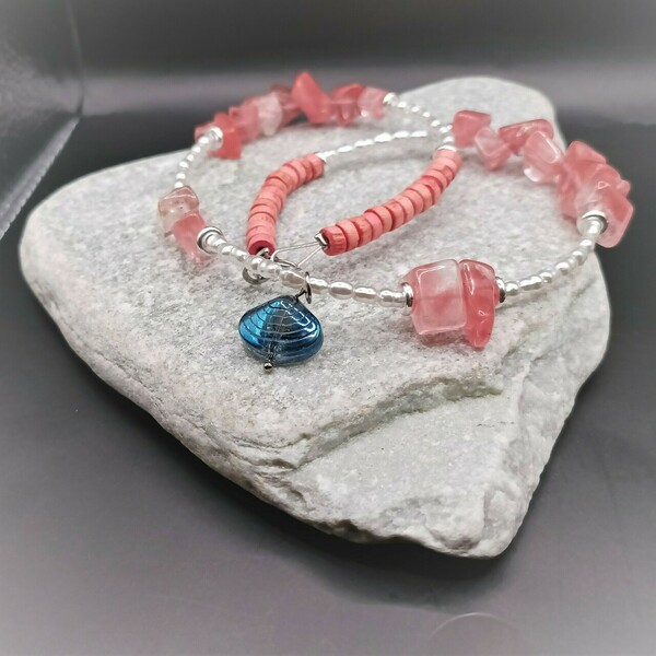 Κολιε χαλαζία cherry red και πέρλες, με γυάλινη αχιβάδα μπλε-45 εκ - ημιπολύτιμες πέτρες, γυαλί, κοχύλι, κοντά, layering - 2