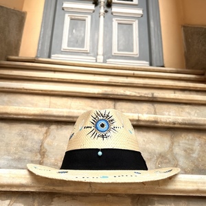 Καπέλο boho με μάτια ζωγραφισμένο στο χέρι - ψάθινα
