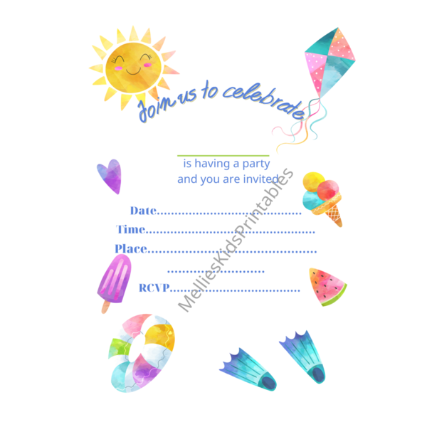 Summer2 party invitation english, digital product for printing at home, 5*7inches,  2,5*3,5 inches. - birthday, κάρτες, προσκλητήρια