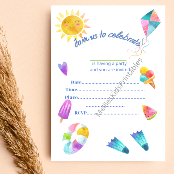 Summer2 party invitation english, digital product for printing at home, 5*7inches,  2,5*3,5 inches. - birthday, κάρτες, προσκλητήρια - 2