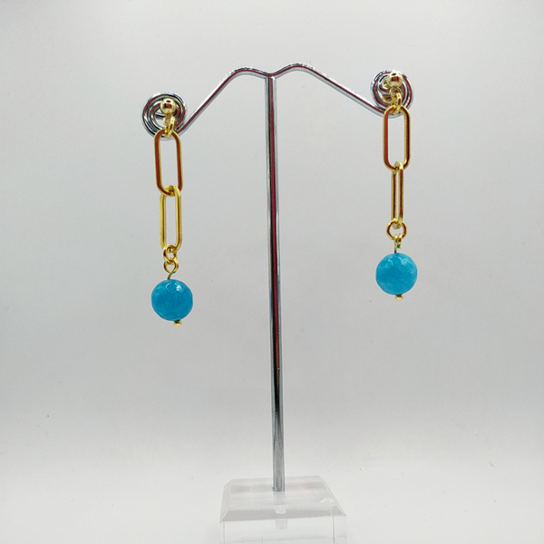 Ατσάλινα σκουλαρίκια με μπλε αχάτες - χρυσό - ημιπολύτιμες πέτρες, χάντρες, ατσάλι, κρεμαστά