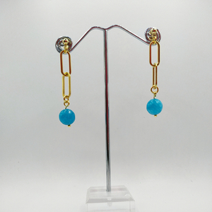 Ατσάλινα σκουλαρίκια με μπλε αχάτες - χρυσό - κρεμαστά, χάντρες, ατσάλι, ημιπολύτιμες πέτρες