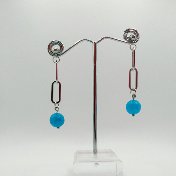 Ατσάλινα σκουλαρίκια με μπλε αχάτες - ασημί - ημιπολύτιμες πέτρες, ατσάλι, κρεμαστά, καρφάκι