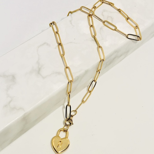 Ατσαλινο χρυσό κολιε με μοτίφ λουκέτο καρδια - charms, κοντά, ατσάλι - 2